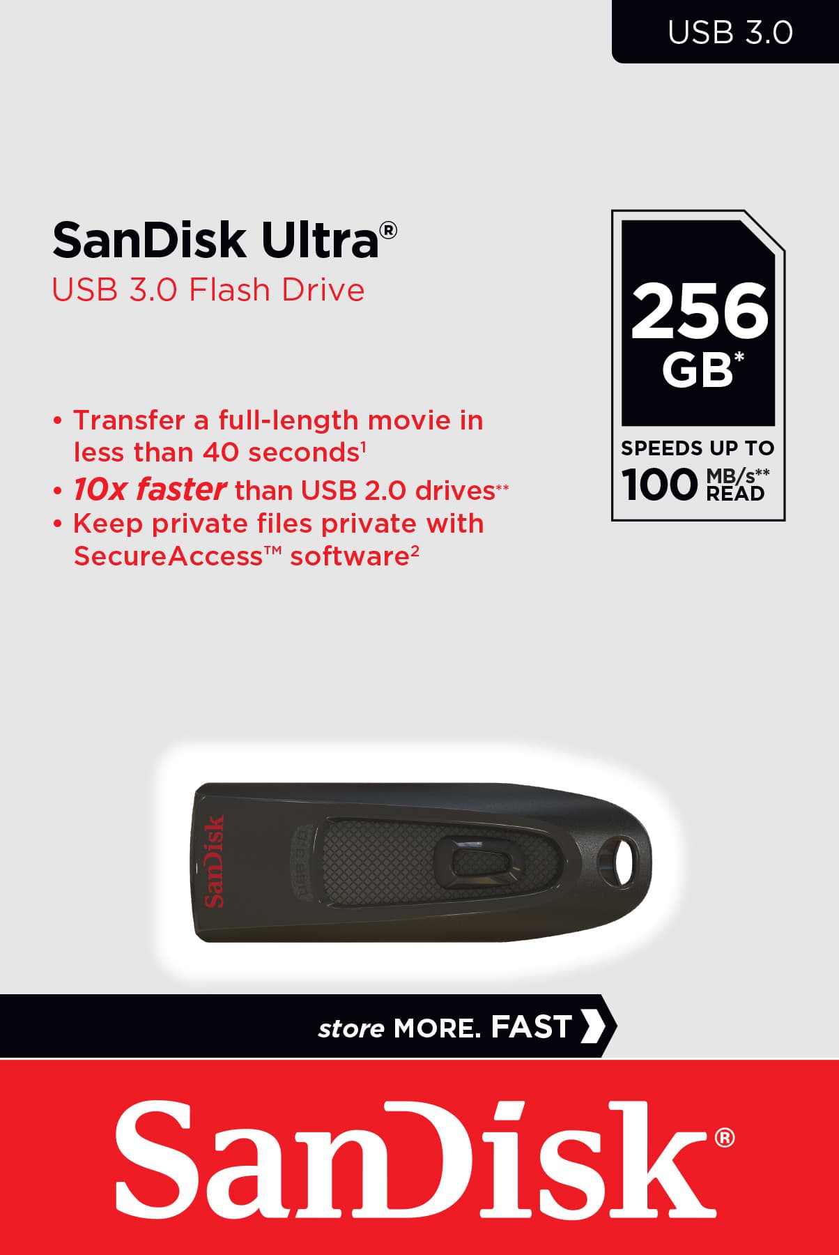 Clé USB 3.0 Sandisk 256 Go, Ultra Type-A, (R) 130 Mo/s, SecureAccess, blister de vente au détail
