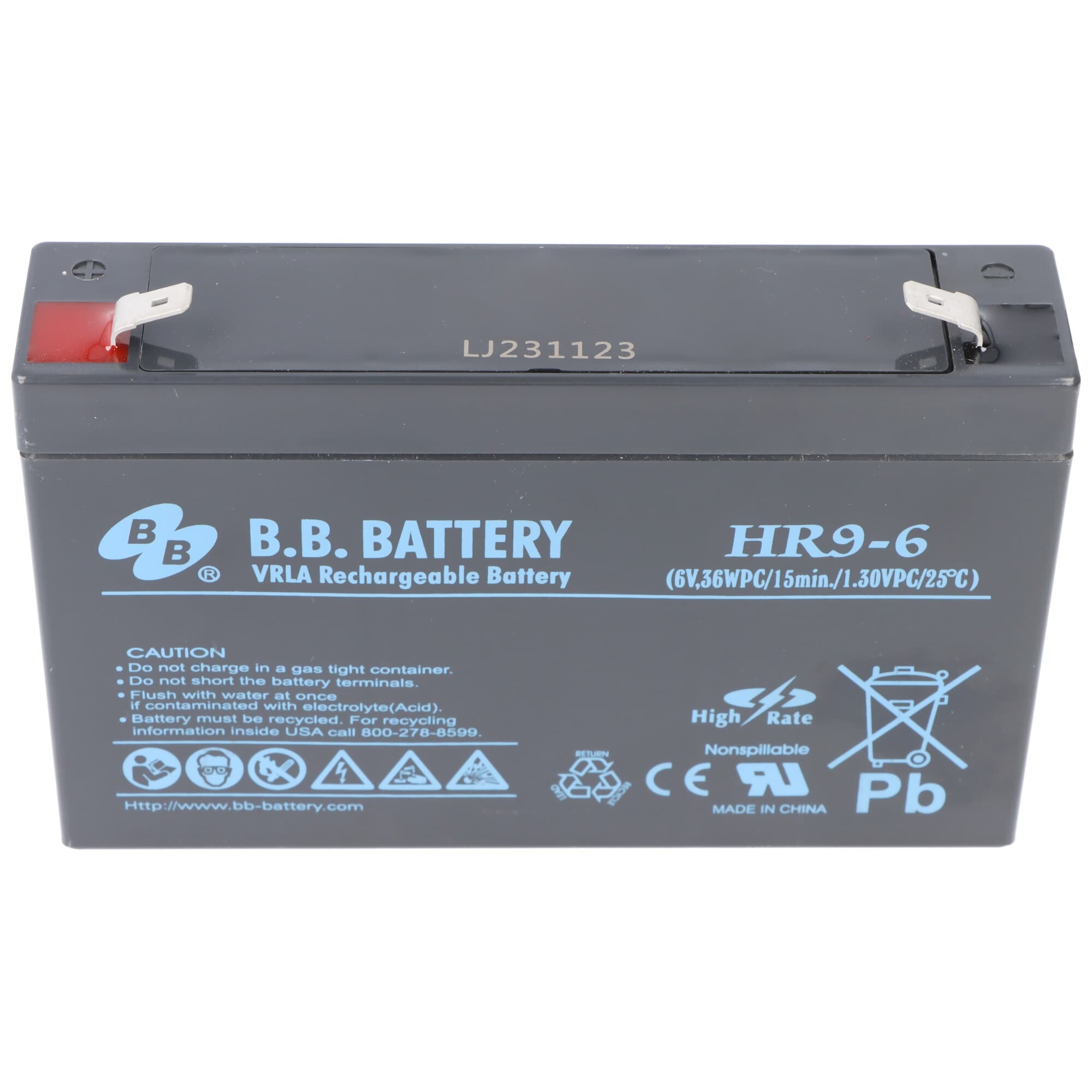 Batterie au plomb Batterie BB Battery HR9-6, 6 Volt 9Ah, dimensions 151 x 34 x 94 mm, avec contacts enfichables Faston 6,3 mm
